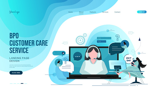 Call center isometric landing page. Hotline operators with headsets in office website template. stock illustration