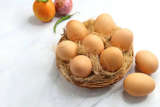 Photo of Brown Chicken eggs in a wooden basket. Hen eggs. organic brown eggs online shopping product photography. protein rich food. copy space. weight loss concept. Fitness journey. Anda bhurji ingredients.