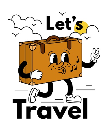 Let's travel. Retro suitcase character. Vintage slogan. Inspirational phrase. Happy baggage funny mascot vacation. Adventure journey. Tourist trip. Summer sun and cloud. Vector cartoon poster design