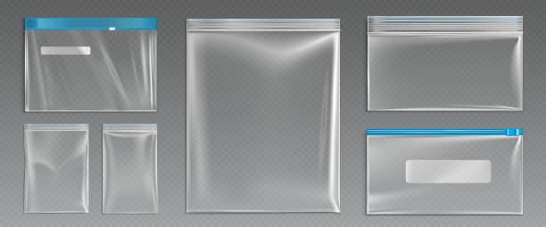 Plastic ziplock bags, empty zip pouches vector set Plastic ziplock bags, empty zip pouches. Isolated waterproof disposable blank polythene packages or envelopes mock up on transparent background, Realistic 3d vector illustration, clip art, set large envelope stock illustrations