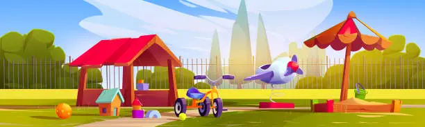 Vector illustration of Kids playground in backyard with sandbox, toys