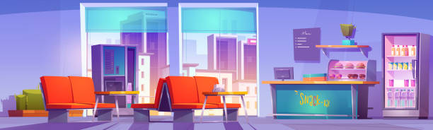 Empty snack bar interior with furniture and food Empty snack bar interior with furniture and food, beverages in fridge, city buildings view in window. Canteen or cafe for visitors of hospital, business center or school. Vector cartoon illustration indoors bar restaurant sofa stock illustrations