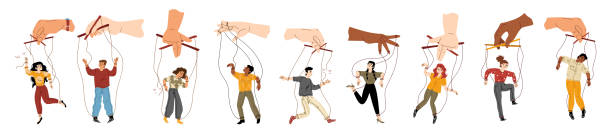 Puppet people controlled by puppeteer hand Puppet people controlled by puppeteer hand set on white background. Vector illustration of flat characters with strings tied to arms and legs. Manipulation, abuse, dependence on toxic relationship ropes tied together stock illustrations