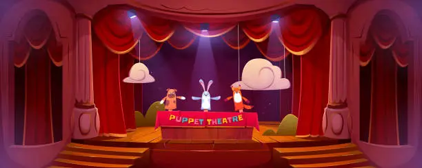 Vector illustration of Puppet theater on stage, funny dolls perform show