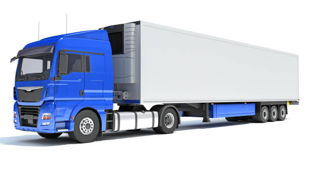 istock Truck with Reefer Refrigerator Trailer 3D rendering on white background 1467781288