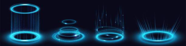 Magic portals, blue light hologram effect, vortex Magic portals, blue light hologram effect, futuristic energy vortex elements. Ski-fi digital hi-tech round frames, in HUD technology style. Teleport, glow gui, ui virtual reality projector, Vector set beam of light png stock illustrations