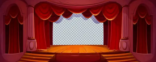 Vector illustration of Theater stage with red curtains, wooden floor