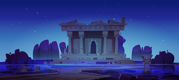 Broken ancient temple building at night. Old greek or roman architecture with columns and pediment, abandoned antique palace with road through lake, vector cartoon illustration
