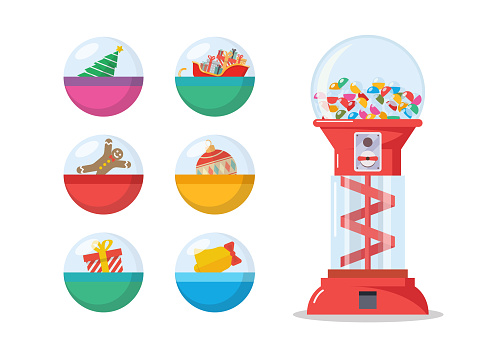 Christmas toy capsules vending machine. Toy vending machine. Gacha Gacha toy capsule. Vector illustration