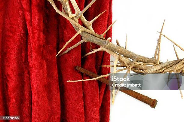 Crown Of Thorns And Spike On Red Cloth Stock Photo - Download Image Now - Christianity, Crown - Headwear, Crown Of Thorns