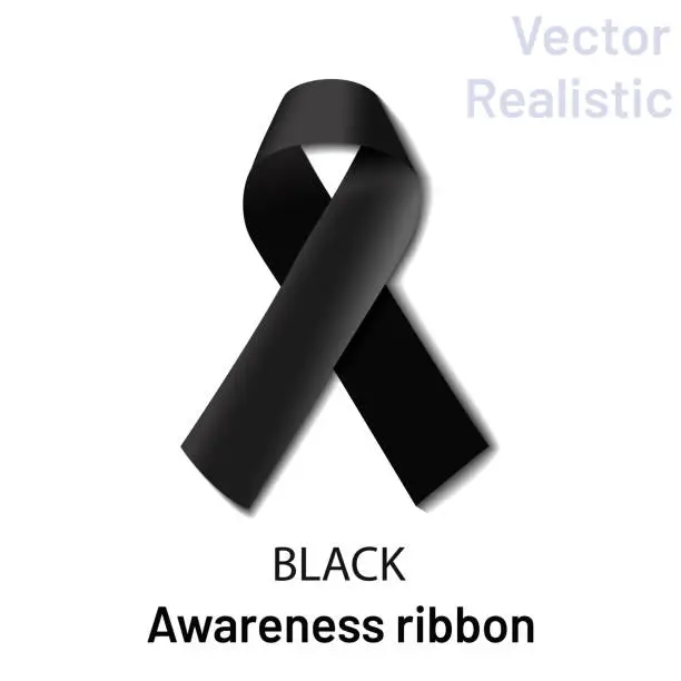 Vector illustration of Realistic black ribbon folded in a loop on a white background. A black crossed ribbon is a symbol of problem melanoma, a symbol of the memory of the victims of Stalinism and Nazism