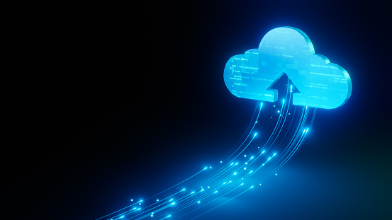 Cloud technology with speed line light to cloud, arrow cloud upload, programming coding in cloud big data, 3d render