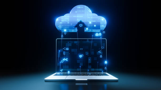 laptop przesyła duże zbiory danych do technologii chmury. - chmura zdjęcia i obrazy z banku zdjęć