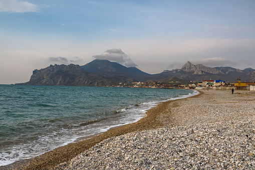 Empty pebble beach in spring in Koktebel. Crimea