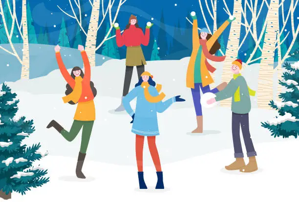 Vector illustration of Young happy caucasian white family playing snowball fight and having fun in snow in winter.