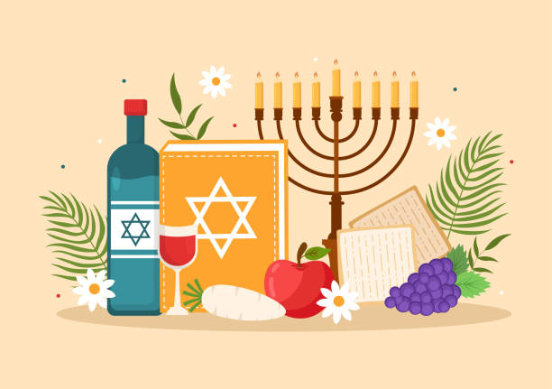 illustrations, cliparts, dessins animés et icônes de illustration de la pâque heureuse avec le vin, la matzah et la fête juive de pessah pour bannière web ou page de destination dans les modèles plats dessinés à la main - passover