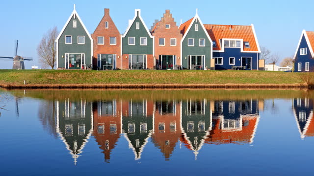 Volendam - small historical Dutch village. Panning shot.