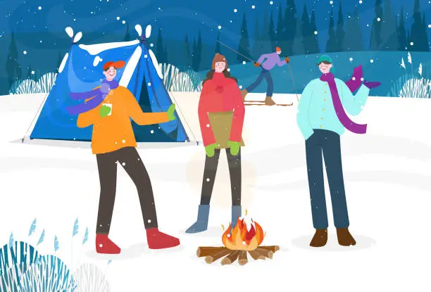 Vector illustration of Woman and Man makes a bonfire in Campfire scene in nature on a snowy field in a forest and blue tent on a snowy field.