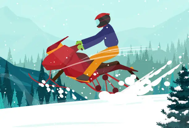Vector illustration of Winter mountain landscape with man drive a snowmobile. Happy man drive a snowmobile in sking resort