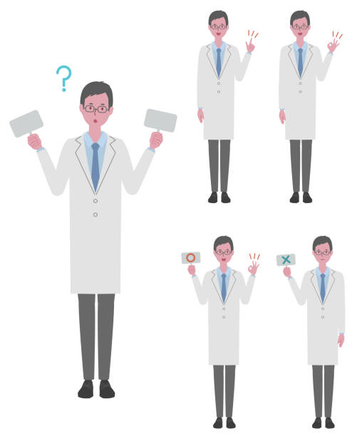 Illustration set of a man (doctor or researcher) in a white coat (worried about choices, correct & incorrect answers, points, OK sign) vector illustration slenderman fictional character stock illustrations
