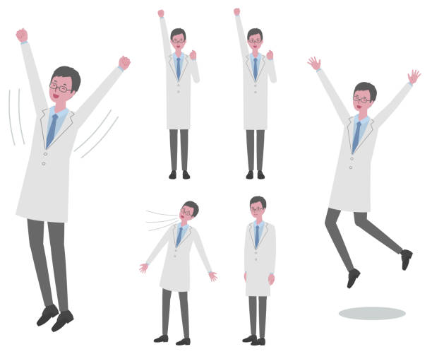 Illustration set of a man (doctor or researcher) wearing a white coat stretching, jumping, taking a deep breath, and doing a guts pose vector illustration slenderman fictional character stock illustrations