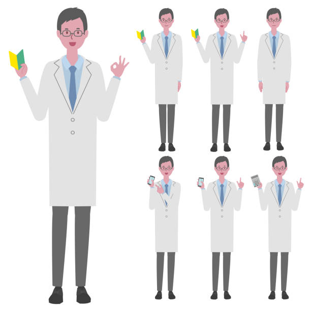 Illustration set of a man (doctor or researcher) wearing a white coat with a beginner's mark, a smartphone, and a calculator vector illustration slenderman fictional character stock illustrations