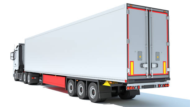 istock Truck with Reefer Refrigerator Trailer 3D rendering on white background 1467799693