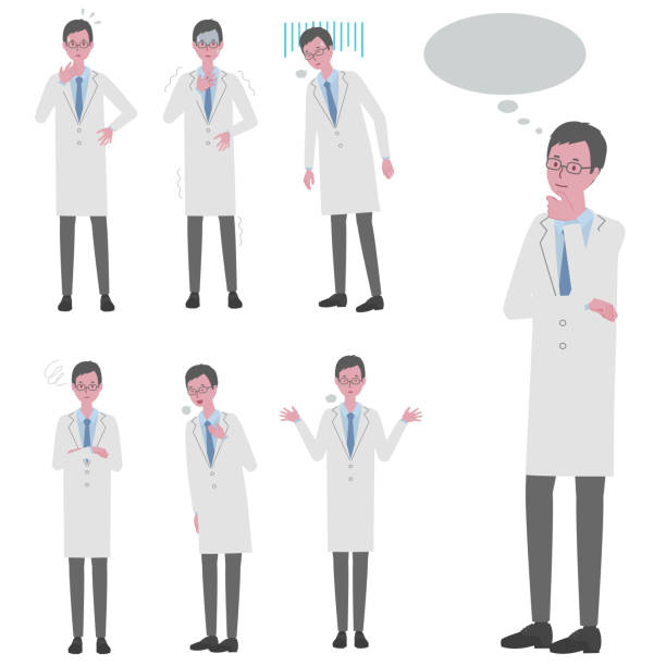 Illustration set of a man (doctor or researcher) wearing a white coat (thinking, impatient, depressed, worried, relieved, giving up) vector illustration slenderman fictional character stock illustrations