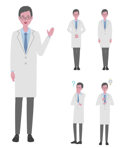 (Information, bowing, convincing, wondering) Illustration set of a man (doctor or researcher) wearing a white coat vector illustration slenderman fictional character stock illustrations