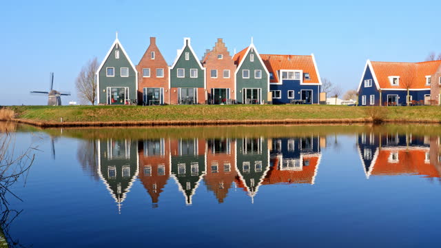 Volendam - small historical Dutch village. Panning shot.