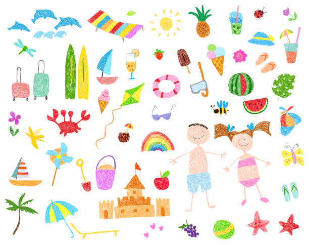 illustrazioni stock, clip art, cartoni animati e icone di tendenza di disegno per bambini di icone della spiaggia estiva. - bambini spiaggia