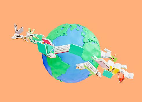 Creative 3D rendering of heap of books win colorful covers flying around Earth against orange background