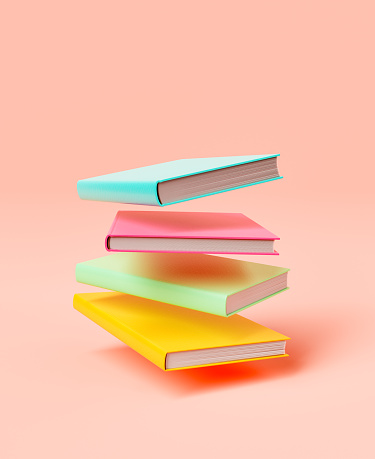 3D rendering of pile of books with bright colorful hardcovers levitating against pink background