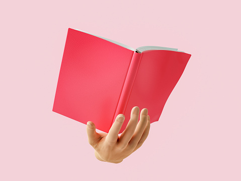 3D rendering of crop unrecognizable person with book in hand with bright hardcover against pink background