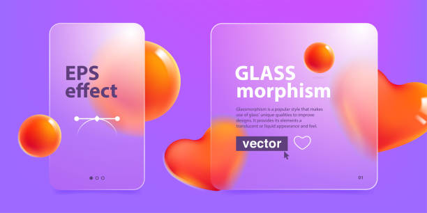 Card screens in glassmorphism style. Frosted matte screen with blurred red hearts and spheres. Vector for Valentine's Day banner, medical, health art, wedding presentation, dating app, gift ads internet dating stock illustrations