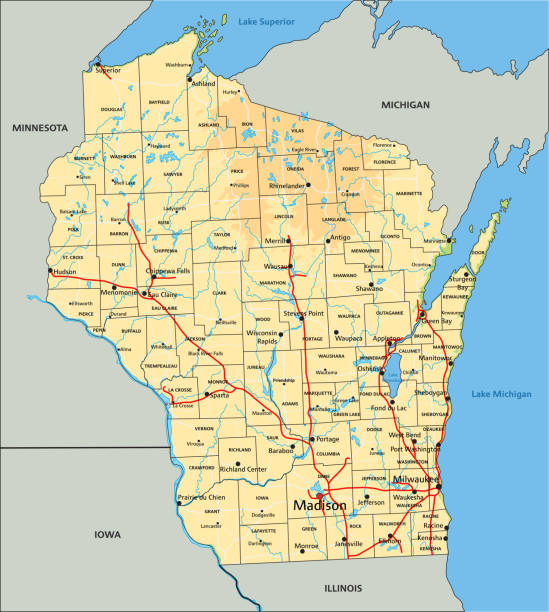 High Detailed Wisconsin Physical Map With Labeling Stock Illustration High Detailed Wisconsin Physical Map With Labeling 