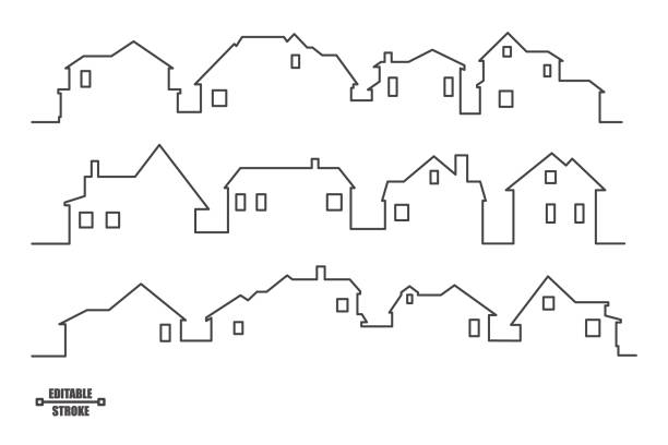 Neighborhood houses outline panoramic landscape. Continuous one line buildings drawing silhouette. Minimalistic vector illustration. Neighborhood houses outline panoramic landscape. Continuous one line buildings drawing silhouette. Minimalistic vector illustration frame outline silhouette stock illustrations