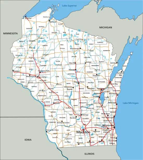 Vector illustration of High detailed Wisconsin road map with labeling.