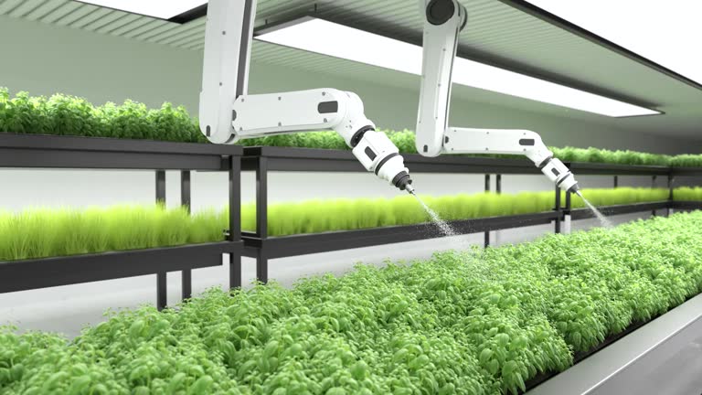 Smart robotic farmer spraying fertilizer on vegetable green plants, Agriculture technology, Farm automation