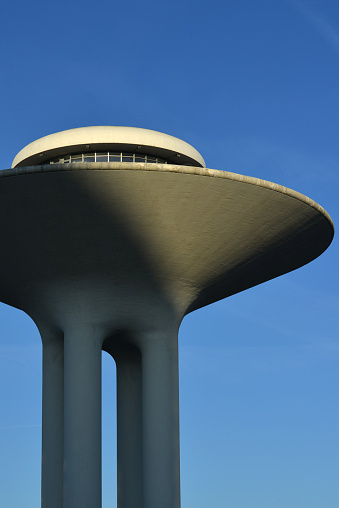 Low angle view of The Hyllie Water Tower, in the Hyllie district on a sunny day in Malmö, Sweden