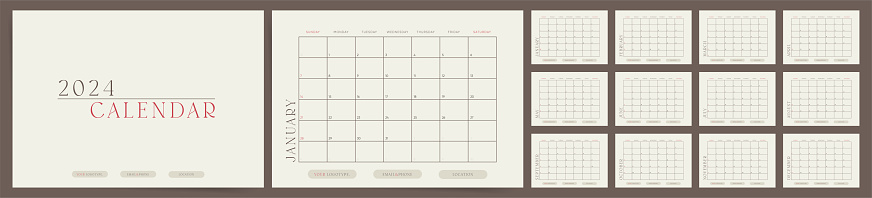Aesthetic desk calendar template for 2024 year. Week starts on Sunday. Boho typography design planner. Vintage decorative calendar. 2024 planner with grids and notes. English vector calendar.