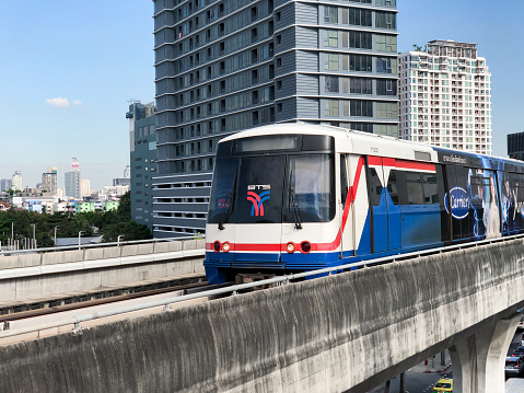 Bangkok, Thailand - 2 Dec 2020, The environment all around of Bangkok Mass Transit System platform with Train tracks in afternoon time. Bangkok, Thailand.