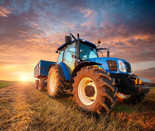 un trattore con un rimorchio su un campo di stoppie in attesa che il grano venga caricato - semi truck foto e immagini stock