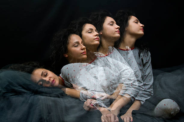 sleeping girl Multiple exposure of sleeping girl getting up horror waking up bed women stock pictures, royalty-free photos & images