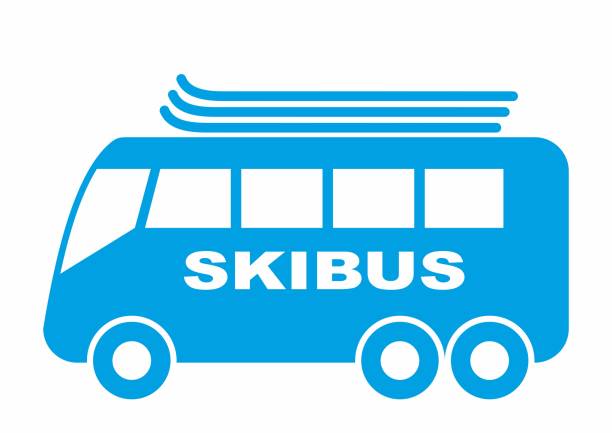 illustrazioni stock, clip art, cartoni animati e icone di tendenza di skibus blu, simbolo web, autocar con sci, illustrazione vettoriale, eps. - shuttle bus vector isolated on white bus