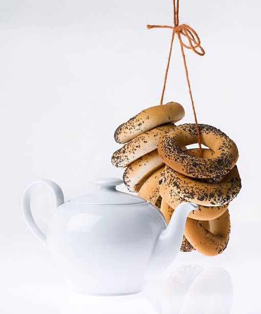 Teapot and traditional russian bagels stock photo