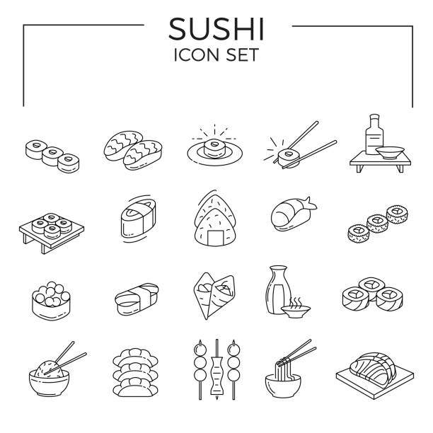 ilustraciones, imágenes clip art, dibujos animados e iconos de stock de conjunto de iconos de sushi del icono de la línea de comida japonesa. - sashimi