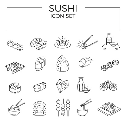 Sushi icon set of Japanese food line icon. Included the icons as sushi, sashimi, maki, sushi roll and more.