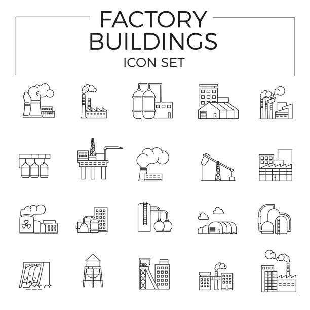 fabrikgebäude icon set. - silo tank stock-grafiken, -clipart, -cartoons und -symbole