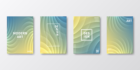 Set of four vertical brochure templates with modern and trendy backgrounds, isolated on blank background. Abstract illustrations with flowing curves and beautiful color gradient (colors used: Yellow, Beige, Orange, Gray, Blue). Can be used for different designs, such as brochure, cover design, magazine, business annual report, flyer, leaflet, presentations... Template for your own design, with space for your text. The layers are named to facilitate your customization. Vector Illustration (EPS file, well layered and grouped). Easy to edit, manipulate, resize or colorize. Vector and Jpeg file of different sizes.